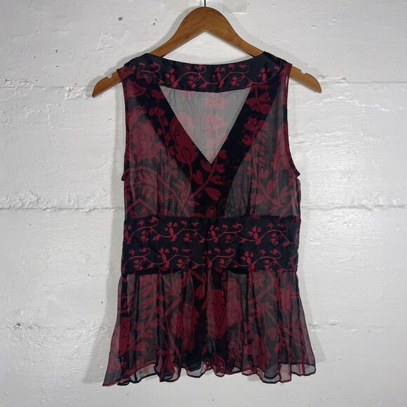 ECI New York Black Red Floral Sheer Silk Sleeveless Blouse Fitted Top Size 8 - Picture 6 of 9